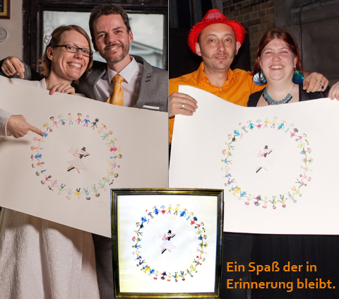 hochzeitsbild freundeskreis-grafik Hochzeitsevent Hochzeitsspiel kreatives Gestalten gemeinsam ein Bild Kunstwerk schaffen bunt lustig
